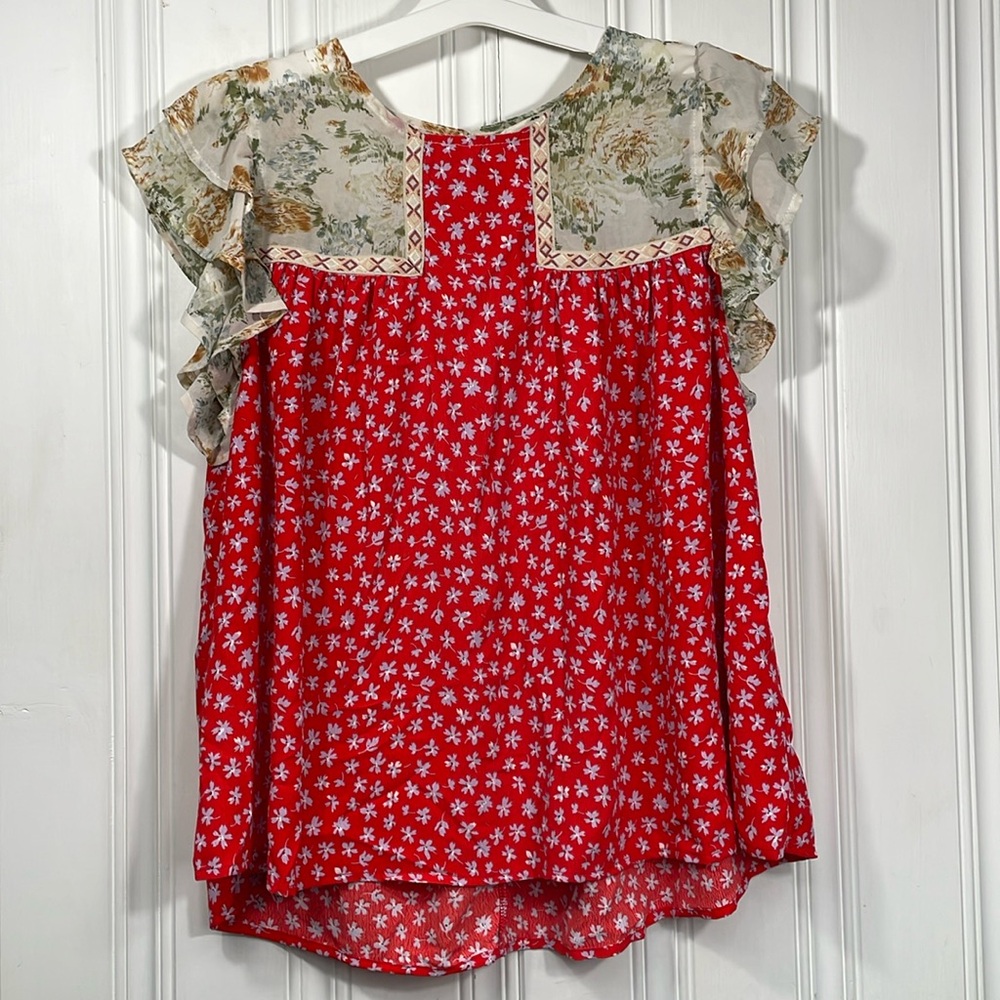 Entro Anthropologie Boho Sleeveless Floral Blouse, Size M